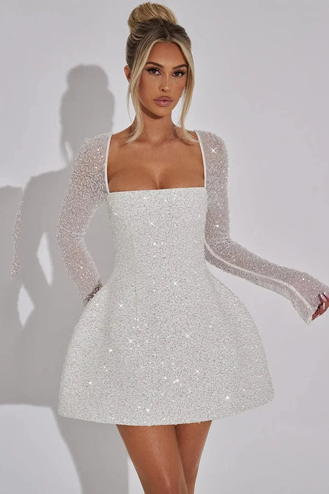Glorol - Long Sleeve Backless Lace-up High Waist A-line Mini Dress