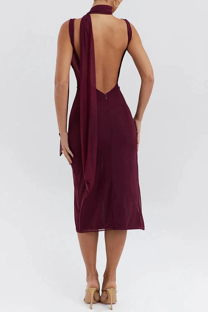 Glorol - Elegant Flower High Split Sleeveless Backless Midi Dress