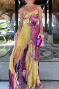 Glorol - Elegant Strapless Printed Sleeveless Off Shoulder High Waist Maxi Dress
