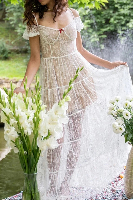 Glorol - Slash Collar High Waist Pleated Lace Maxi Dress