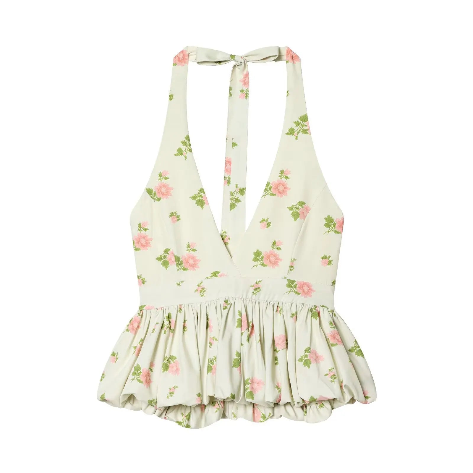 Glorol - Lace Up Sleeveless V-Neck Backless Printed Top