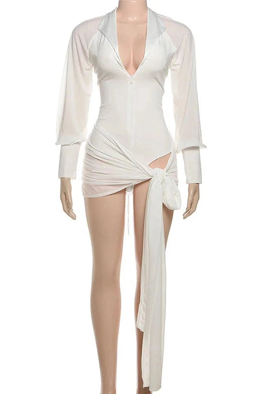 Glorol - Lace-Up Backless V-Neck Long Sleeve Bodycon Mini Dress