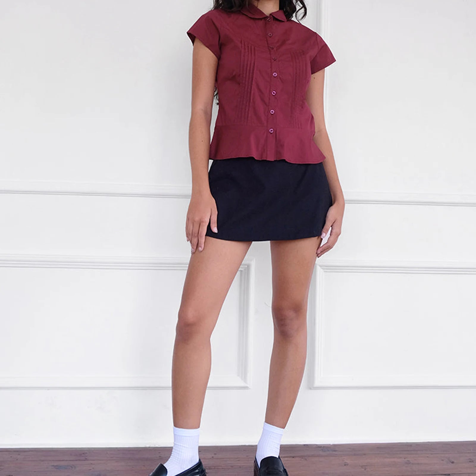 Glorol - Short Sleeve Button-Down Pleated Slim Fit Top