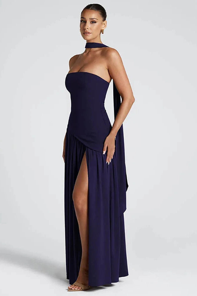 Glorol - Off-Shoulder Scarf Collar Strapless Sleeveless High Split Maxi Dress
