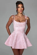 Glorol - Spaghetti Strap Backless Lace Up A-Line Mini Dress