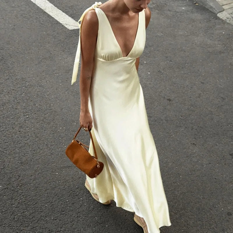 Glorol - Elegant Lace-Up Backless High Waist Sleeveless Maxi Dress