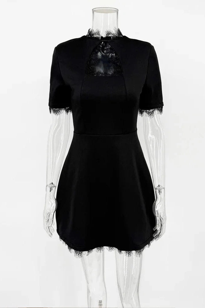 Glorol - Lace Hollow Out Patchwork Short Sleeve Printed Mini Dress