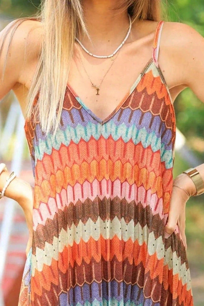 Glorol - Pleated Printed Sleeveless Loose Backless High Waist Maxi Dress