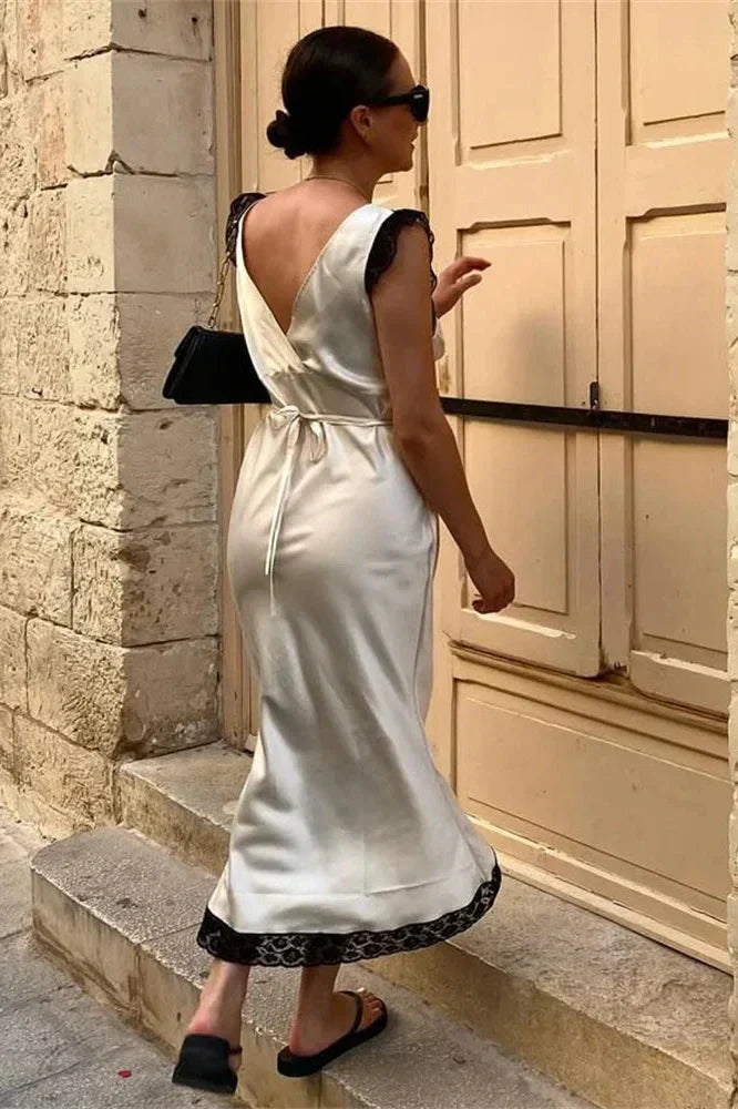 V-Neck Patchwork Sleeveless Lace-Up Maxi Dress