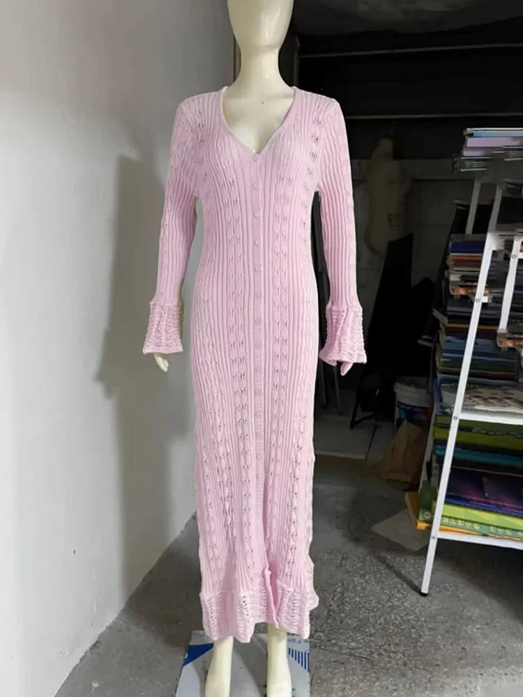 Glorol - Hollow Knitted Long Sleeve Maxi Dress