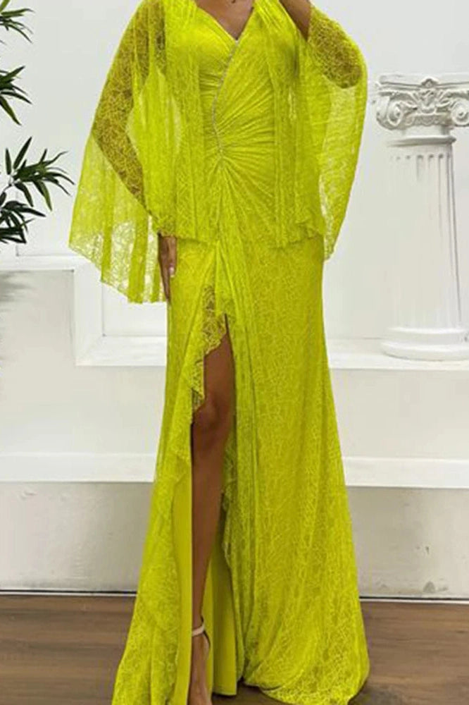 Glorol - Hollow Lace Embroidery V-Neck Slim Split High Waist Maxi Dress
