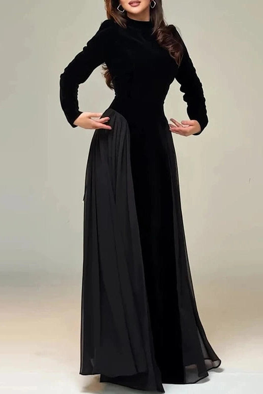 Glorol - Elegant Long Sleeve Pleated O-Neck Maxi Dress