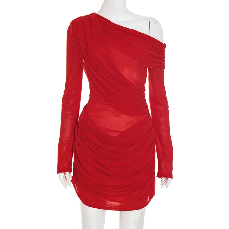 Glorol - One Shoulder Long Sleeve Slim  Mini Dress