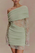 Glorol - Hollow Out High Waist Slash Collar Lace Knitted Mini Dress