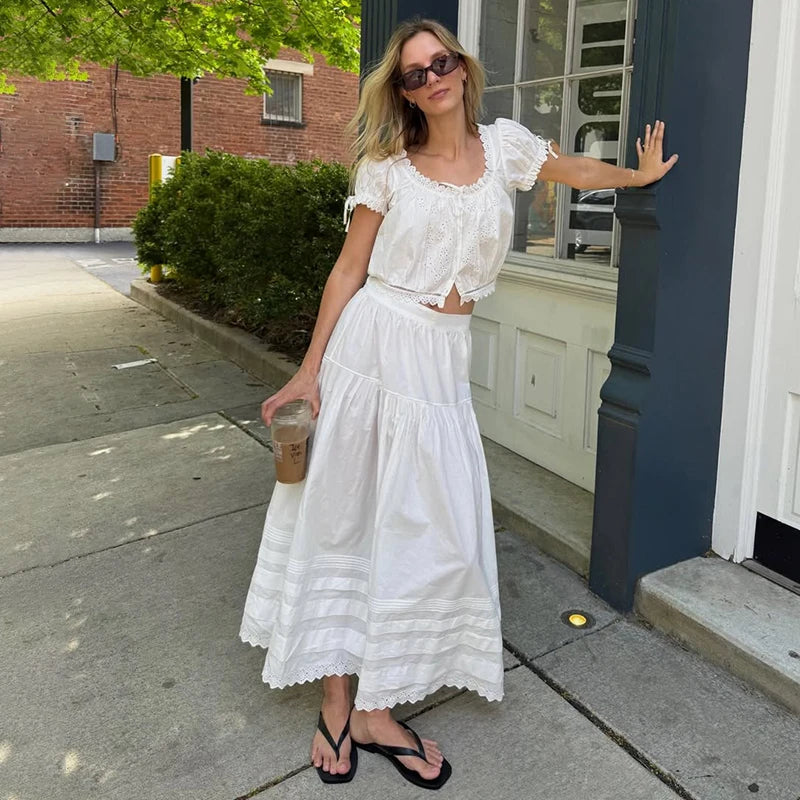Glorol - High Waist Loose A-Line Lace Skirt