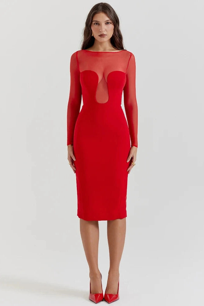 Glorol - Elegant Long Sleeve Strapless Backless Split Bodycon Midi Dress