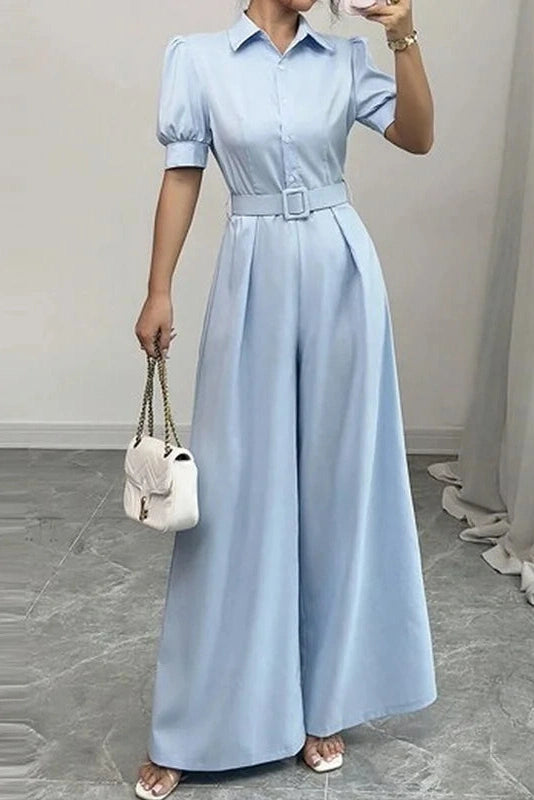 Glorol - High Waist Puff Sleeve Wide Leg Jumpsuit