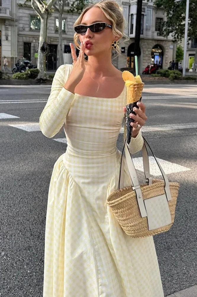 Glorol - Plaid Long Sleeve Pleated Square Collar High Waist A-line Midi Dress