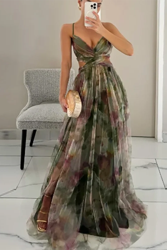 Glorol - Elegant Print Pleated V Neck High Waist Backless Maxi Dress