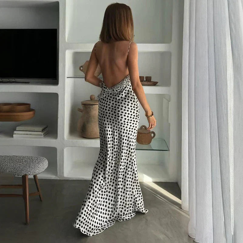 V Neck Printed Spaghetti Strap Slim Maxi Dress