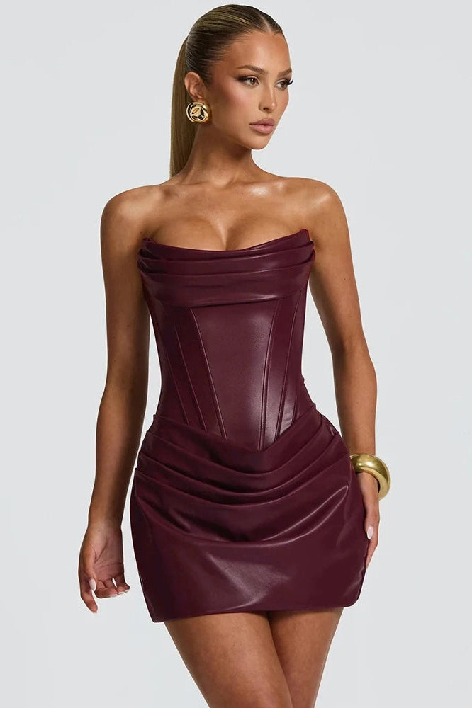 Glorol - PU Leather Off-Shoulder Strapless Sleeveless Lace-up Mini Dress