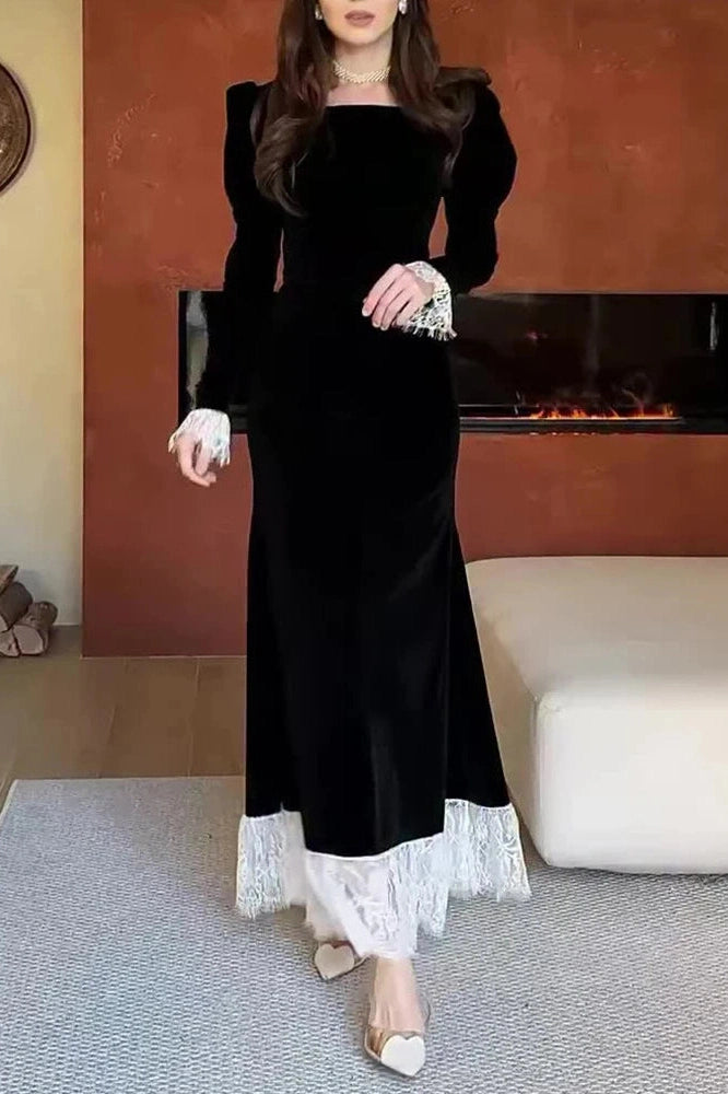 Glorol - Elegant Long Sleeve High Waist Lace Maxi Dress