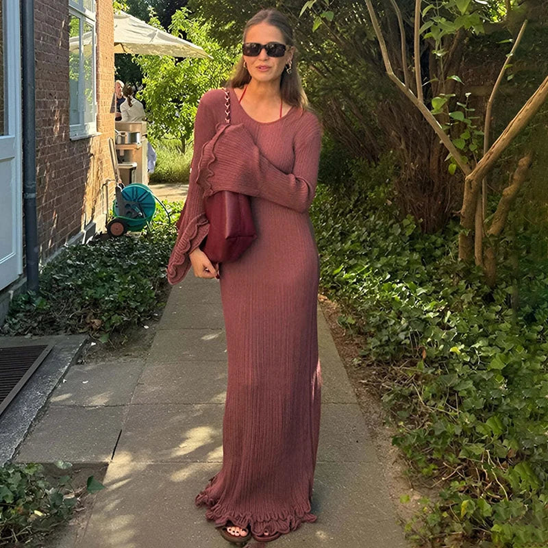Knit Lace-Up Long Sleeve Loose Pleated Maxi Dress