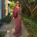 Glorol - Knit Lace-Up Long Sleeve Loose Pleated Maxi Dress