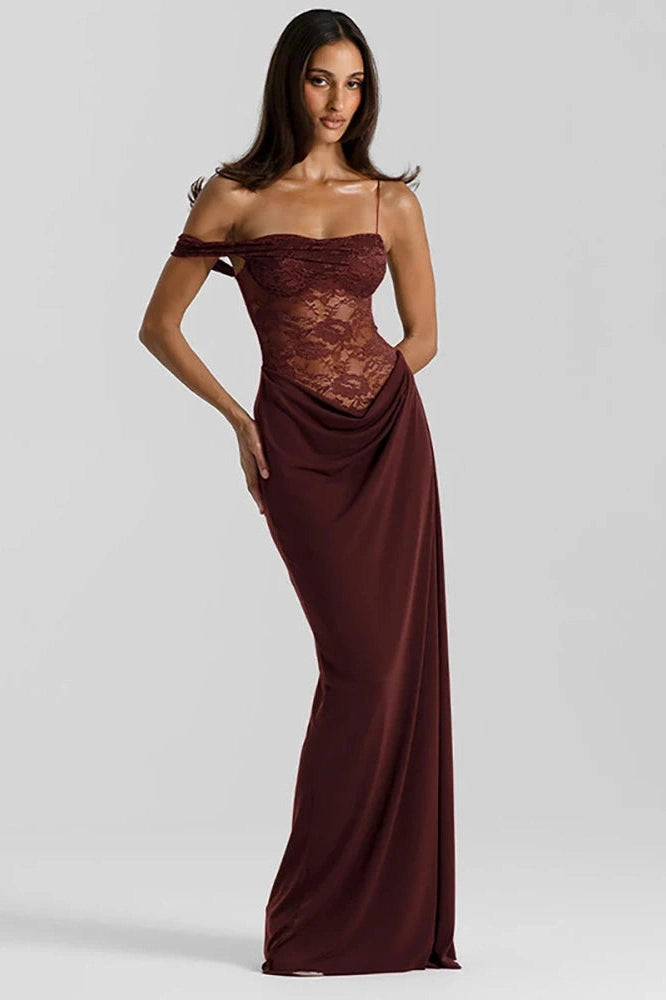Glorol - Off-Shoulder Lace See Through Sleeveless Backless Maxi Dress