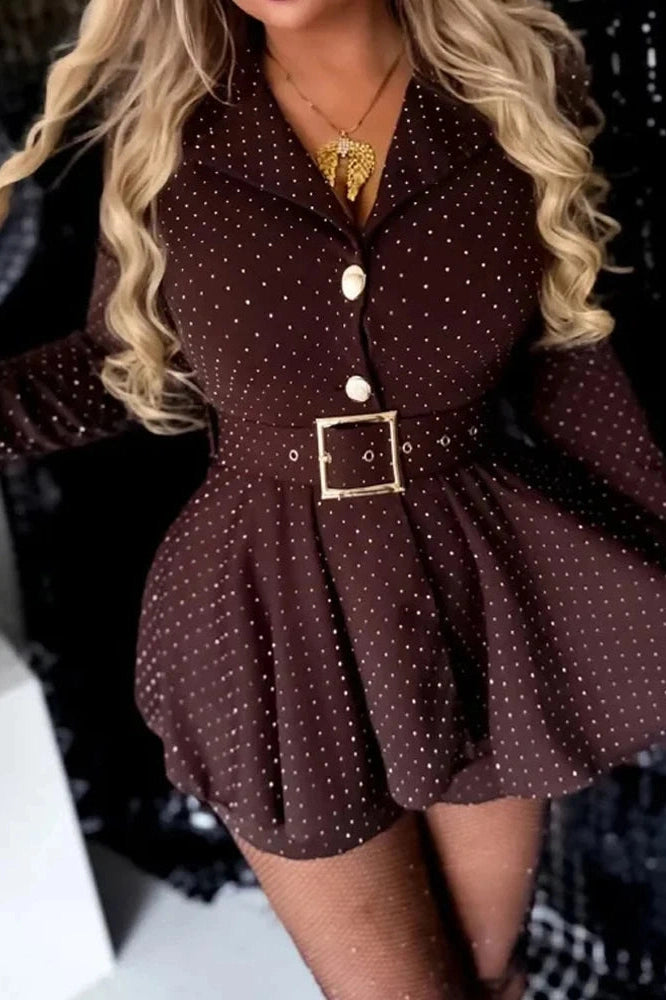 Glorol - Elegant Long Sleeve Pleated High Waist Slim Printed Mini Dress