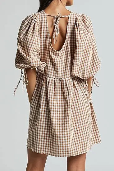 Glorol - Short Sleeve V Neck Plaid Mini Dress