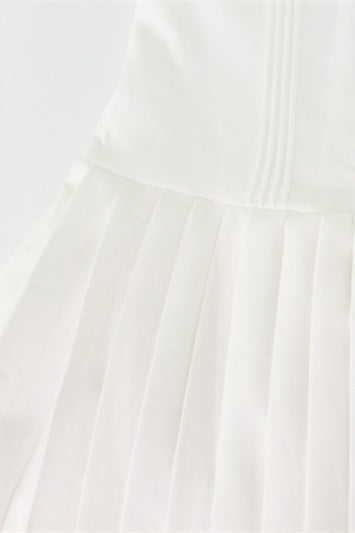 Casual White Tie Pleated Mini Dress