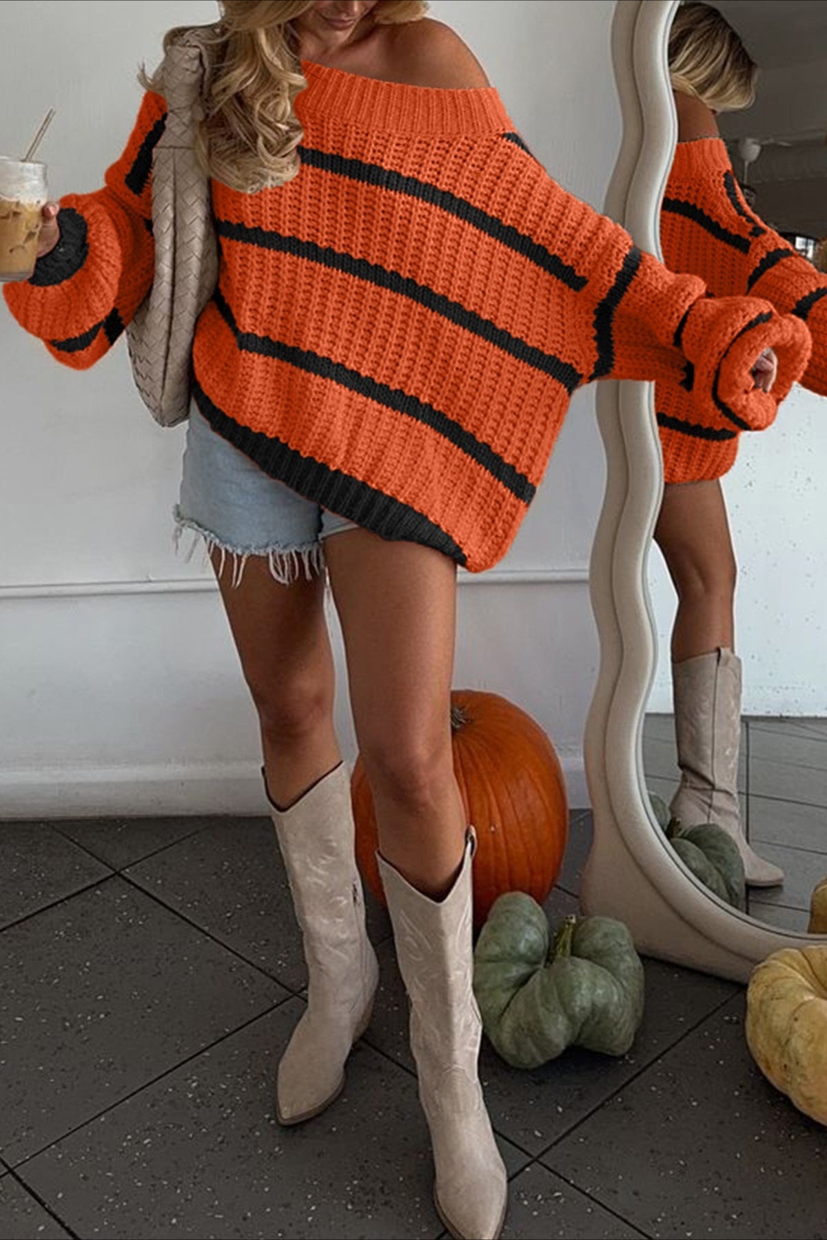 Contrast Stripe Asymmetric Neck Sweater