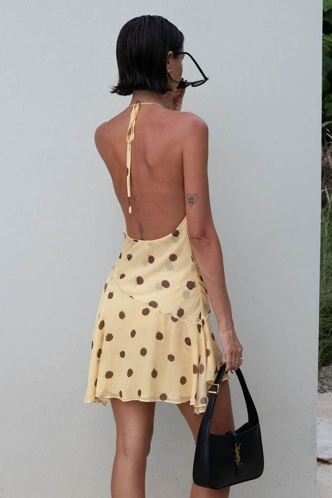 Polka Dot Chiffon Halter Deep V Slit Backless Mini Dress