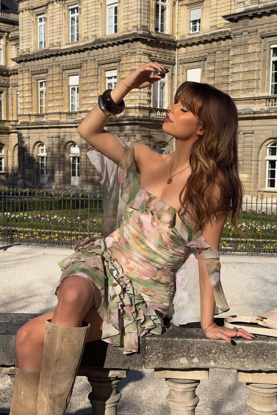 Chiffon Print Ruffle Cape Mini Dress