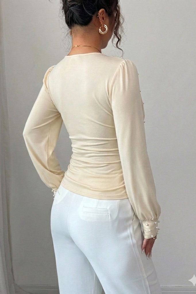 Pearl Studded Wrap V Neck Blouse