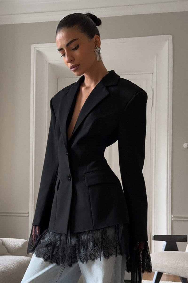 Lace Trim Flap Pocket Fitted Blazer