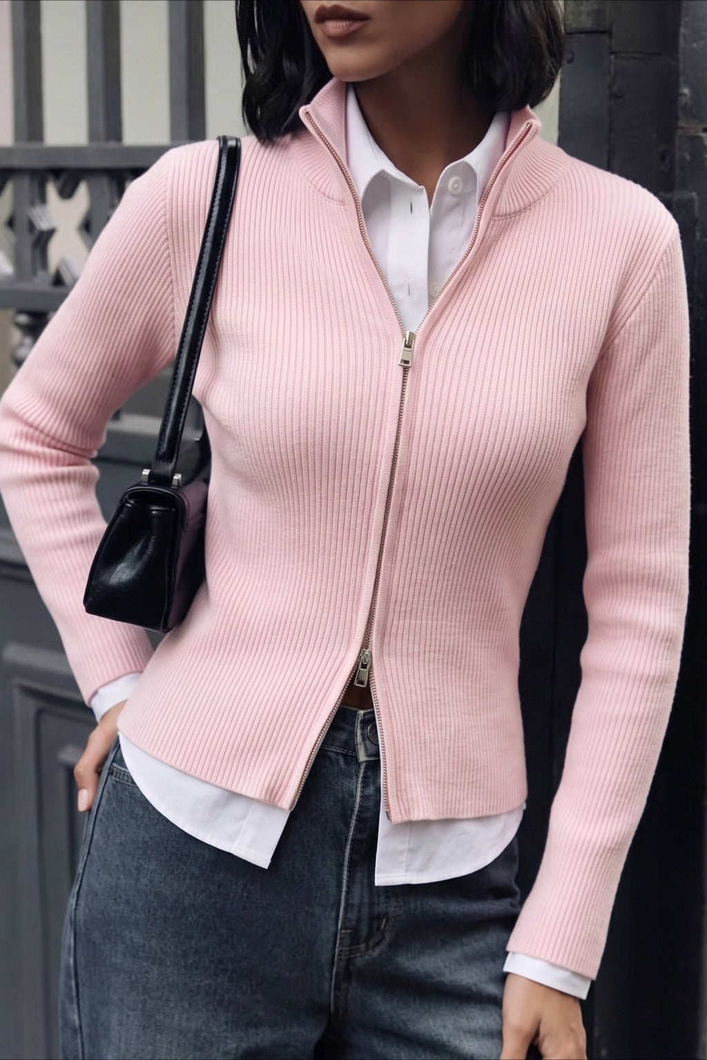 Double Zip Stand Collar Knit Cardigans