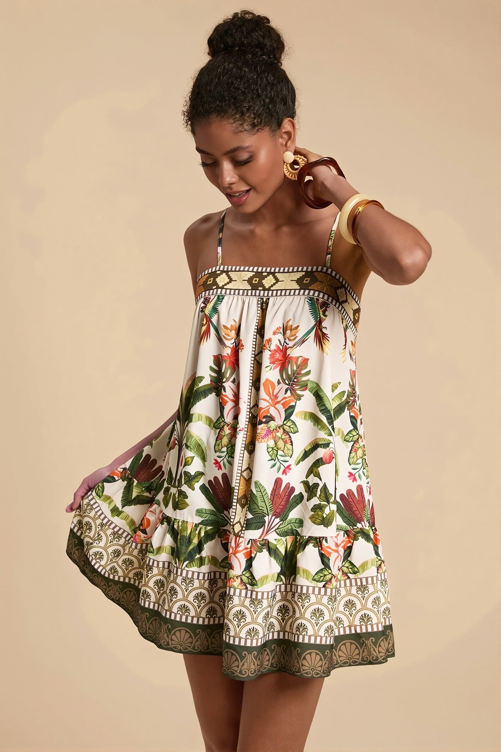 Palm Bird Print Loose Fit Cami Mini Dress