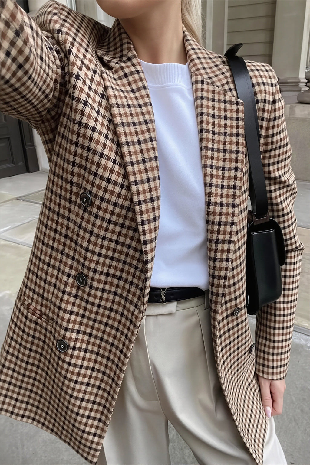 Checked Double Breasted Longline Blazer