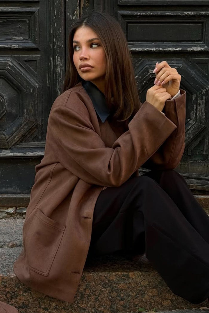 Contrast Collar Oversized Faux Suede Jacket