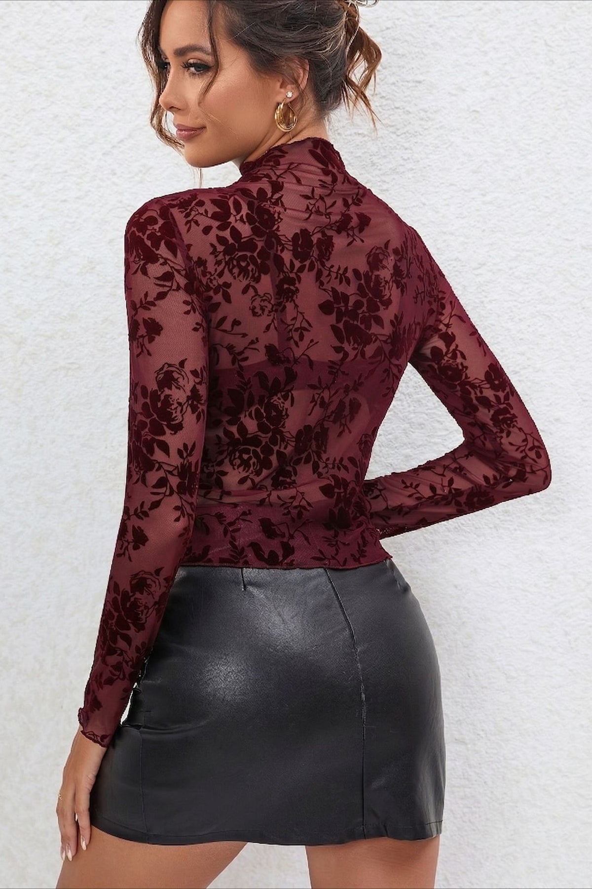 Flocked Floral Mesh Mock Neck Top