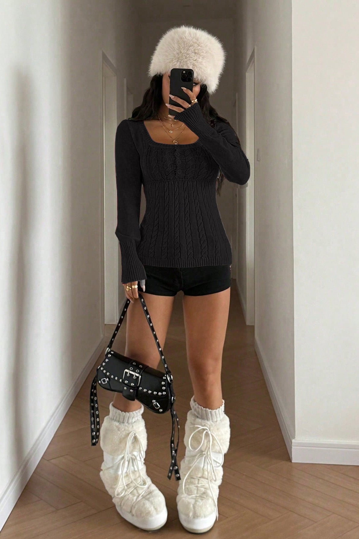Cable Knit Square Neck Button Detail Sweater