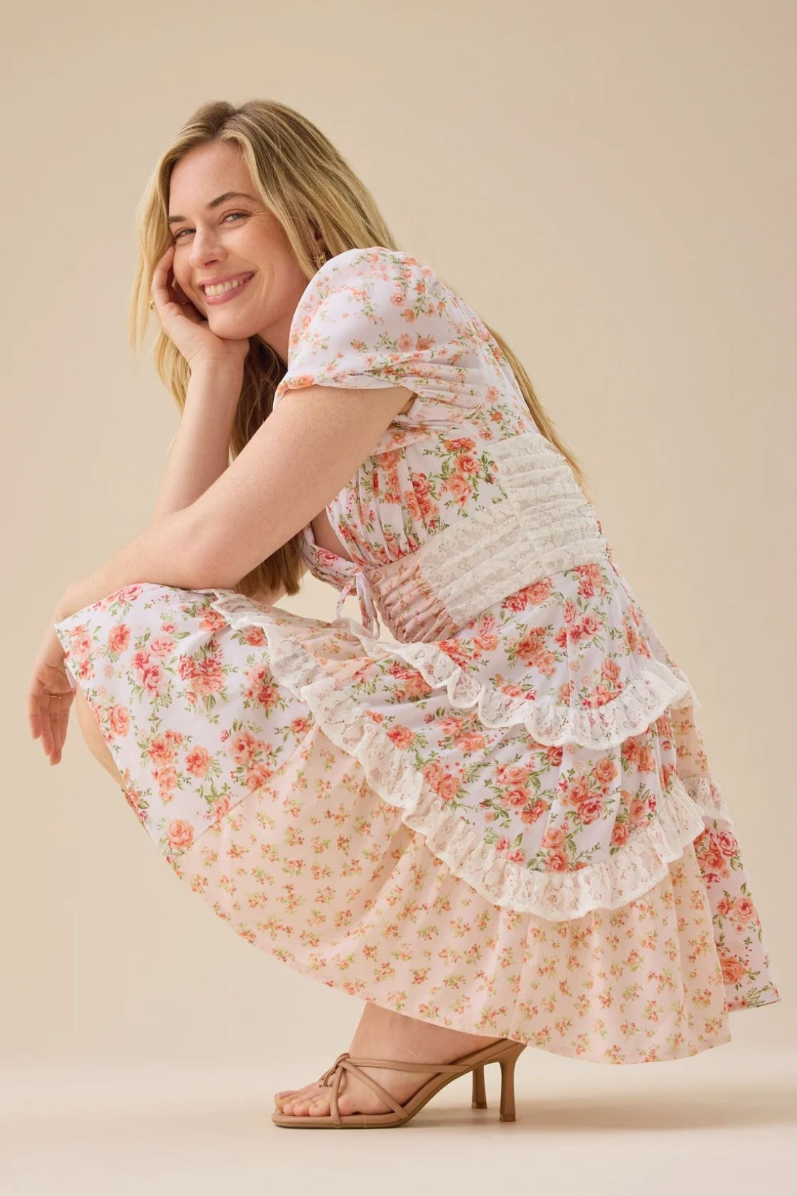 Floral Lace Patchwork V Neck Puff Short Sleeve Mini Dress