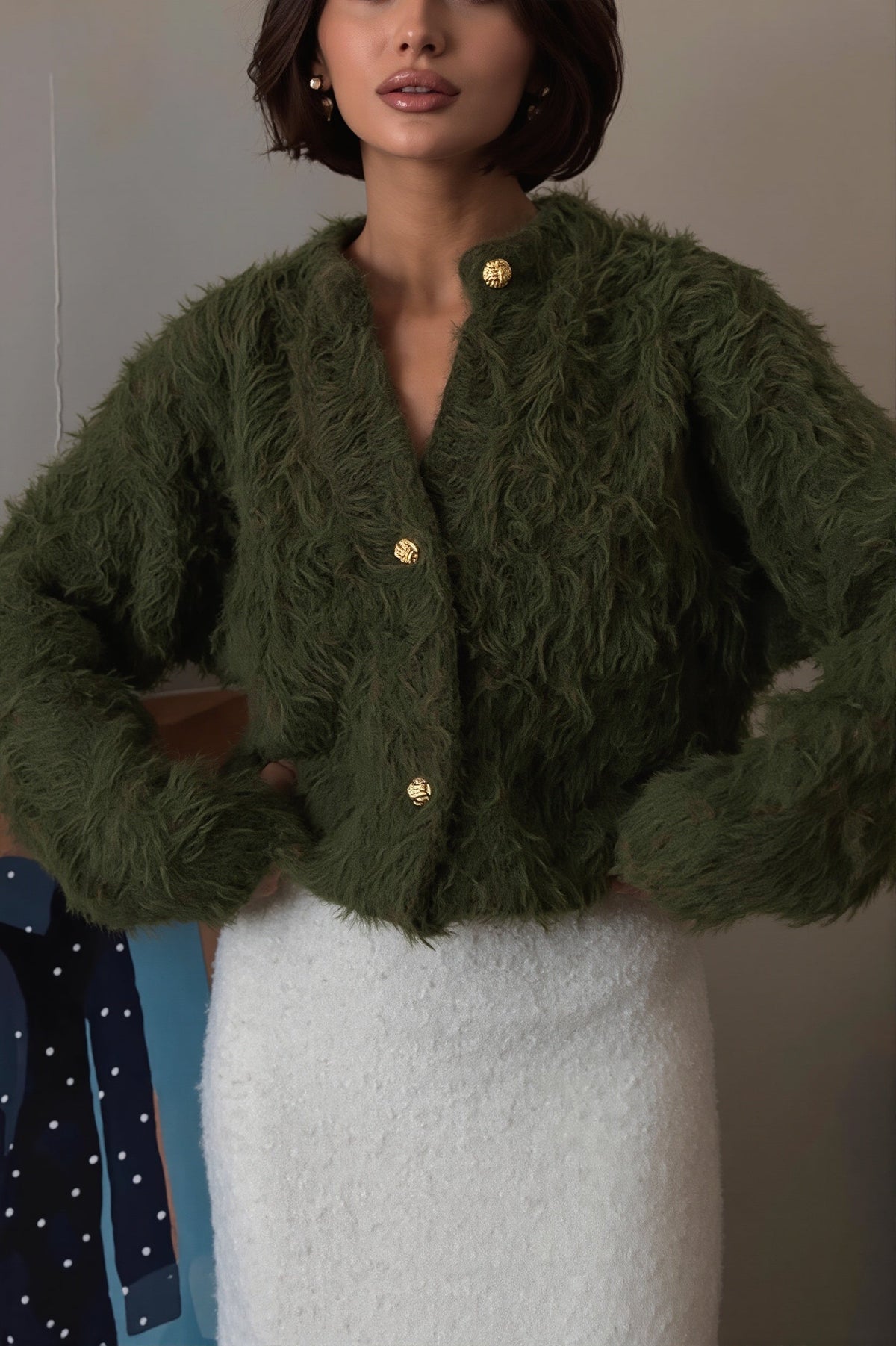 Fuzzy Round Neck Gold Button Cardigan