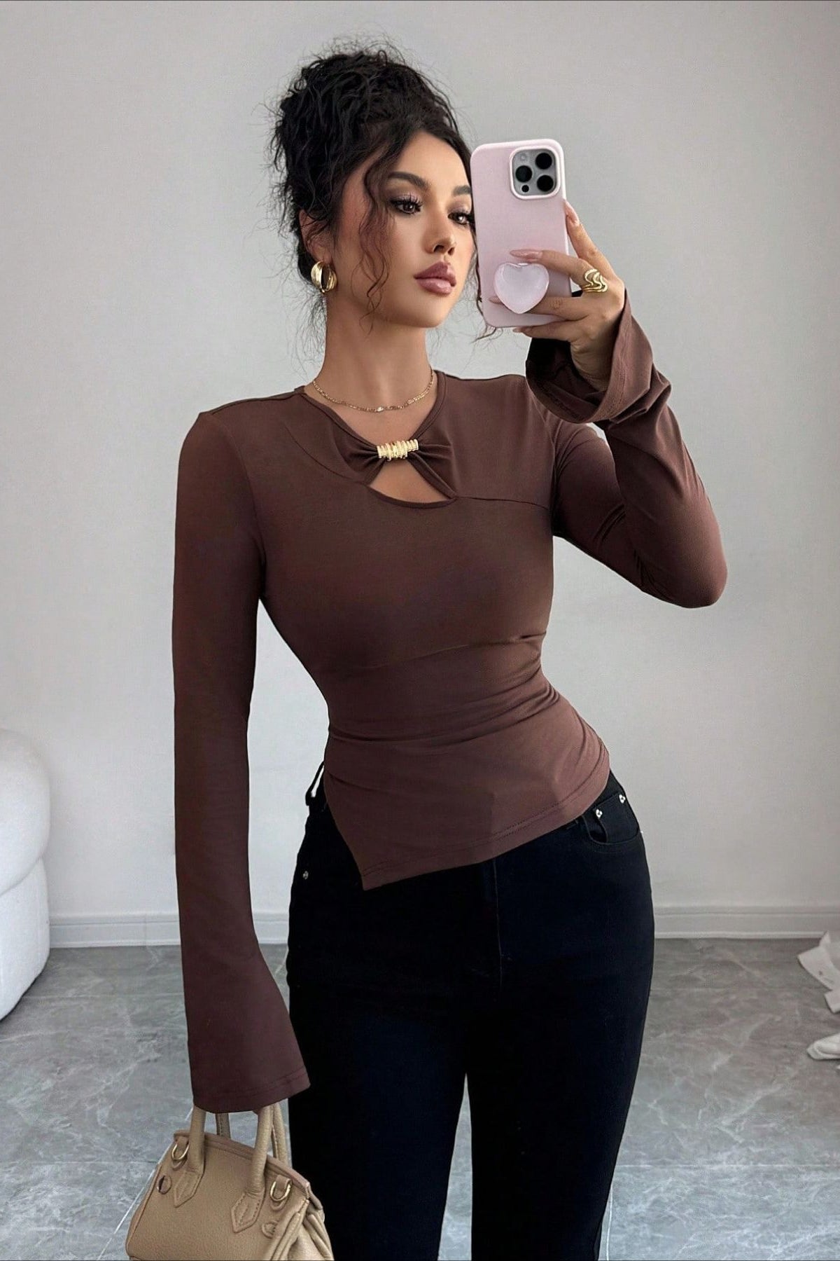 Metal Clasp Keyhole Bell Sleeve Top