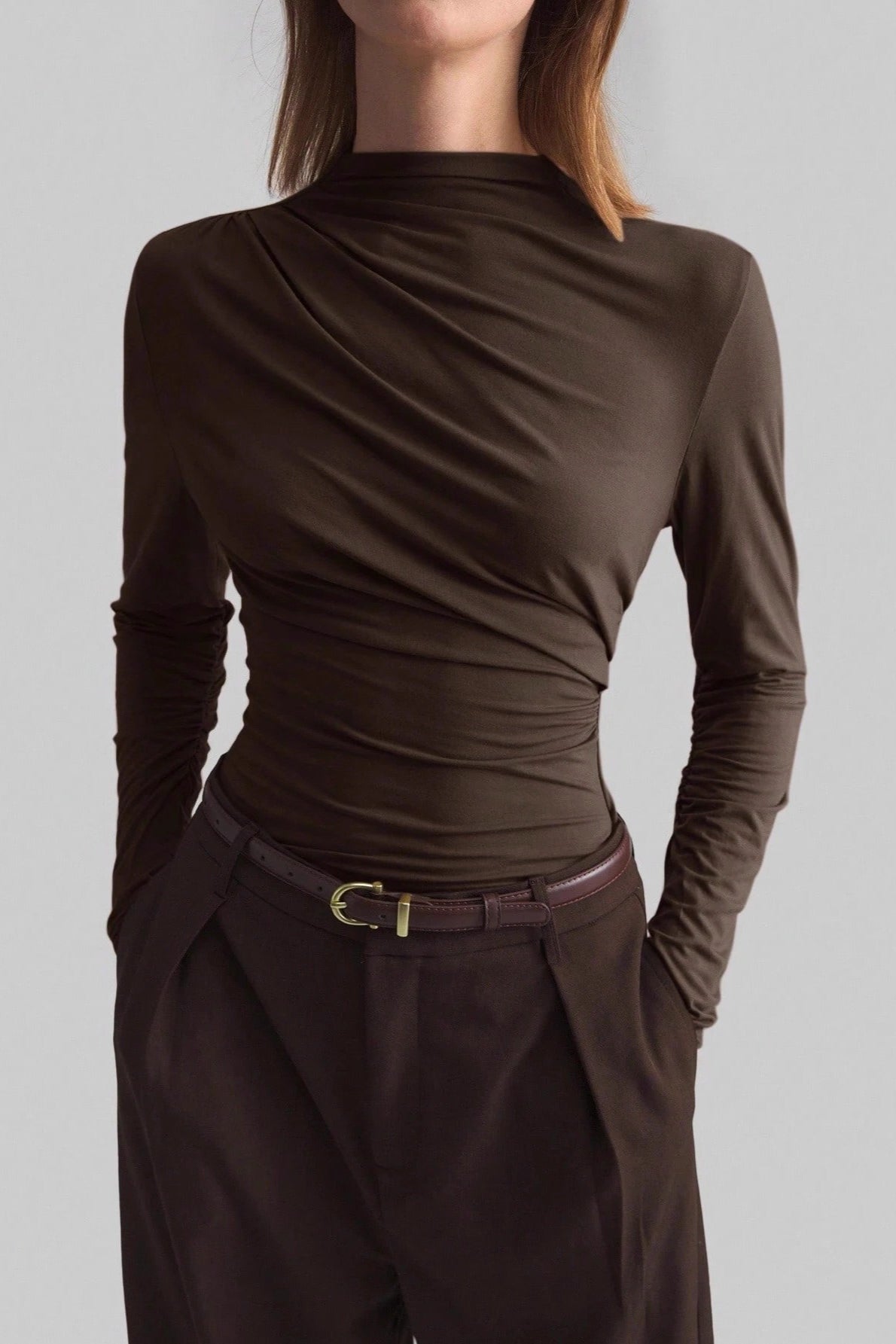 Asymmetric Ruched Mock Neck Top