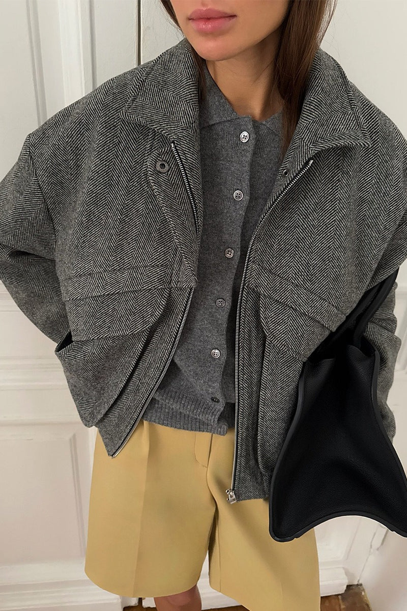 Herringbone High Collar Pocket Jacket