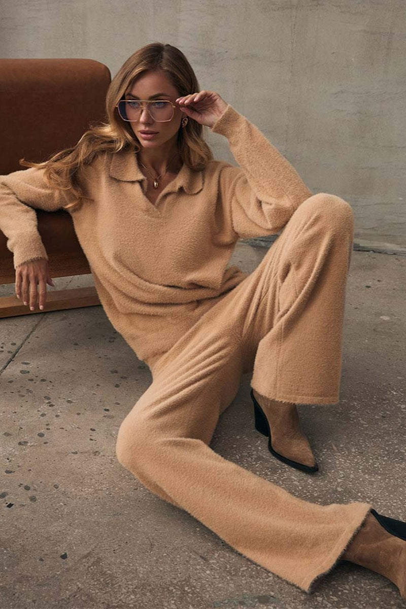 Faux Fur Polo Sweater Wide Leg Pants Set