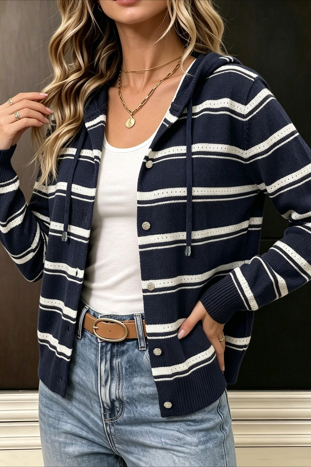 Navy Stripe Hooded Button Cardigans